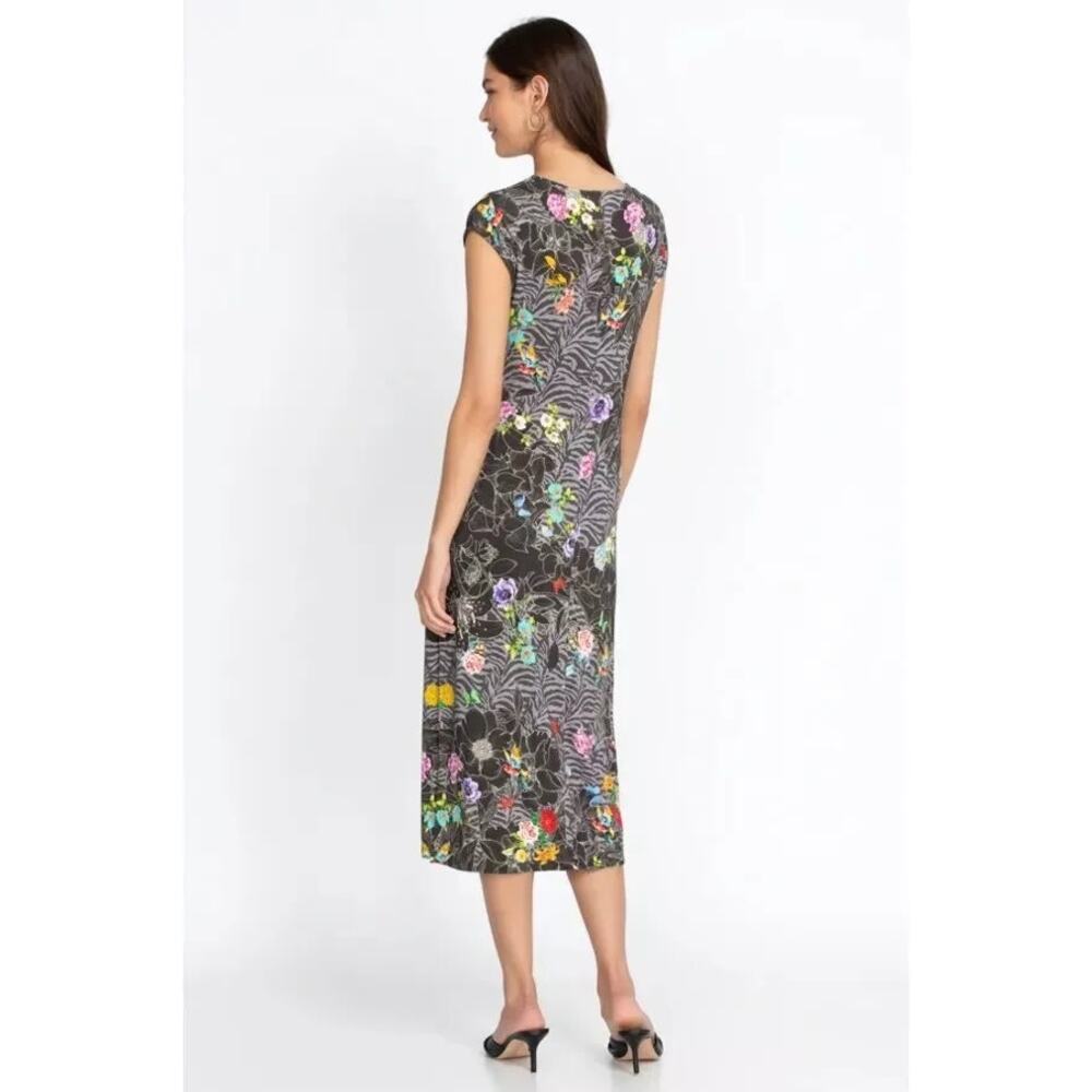 Johnny Was Zippy Floral Midi Dress Tie Waist Boho Cotton Grey Multicolor Size XS - Picture 7 of 10